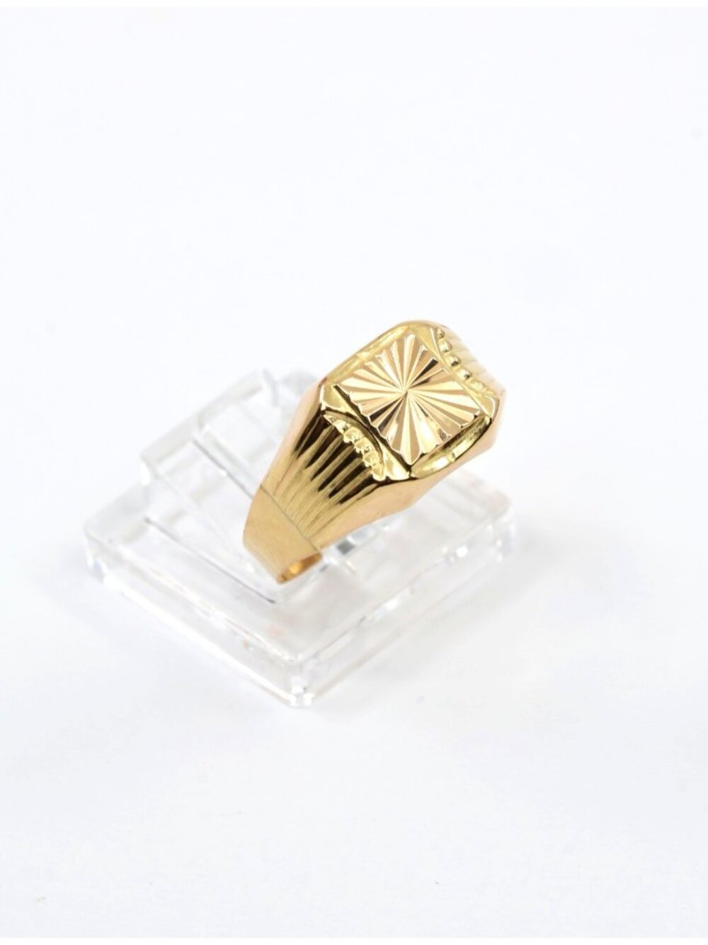 Vintage 18K Solid Yellow Gold Italian Diamond Cut Starburst Signet Ring Size 8.5